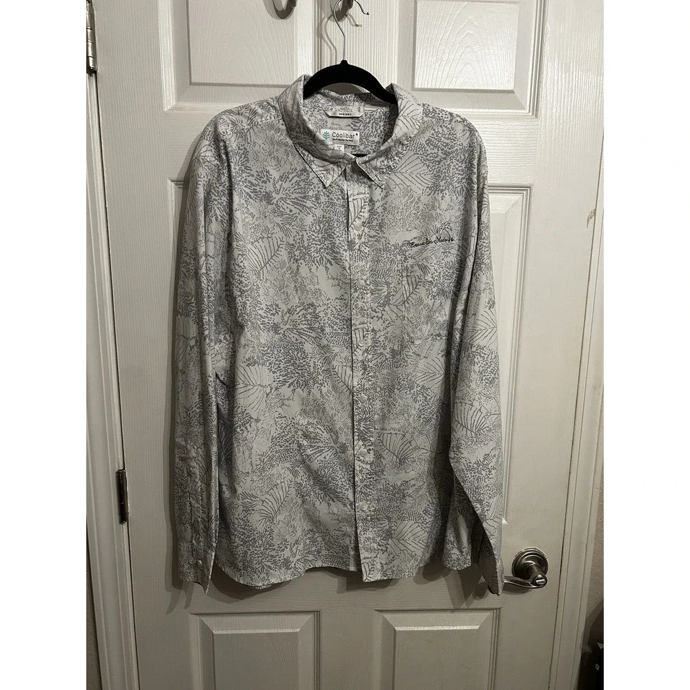 Coolibar Mens XXL Aricia Sun Shirt Button Down Long Sleeve‎ Gray Palm UPF 50+